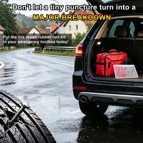 76 Piece Tire Repair Kit With Premium Spiral Screw In Plugs, kit open in car trunk by wet road for DIY tire fix without roadside help