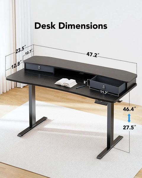 Electric Standing Desk With Two Drawers And Open Storage, 48 By 24 Inch Sit Stand Desk, C Clamp Mount Compatible, Height Adjustable