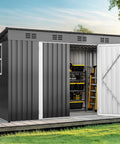 9x4 Outdoor Storage Shed With Windows And Lockable Double Doors Tough As Nails Steel Construction Sloped Roof in garden
