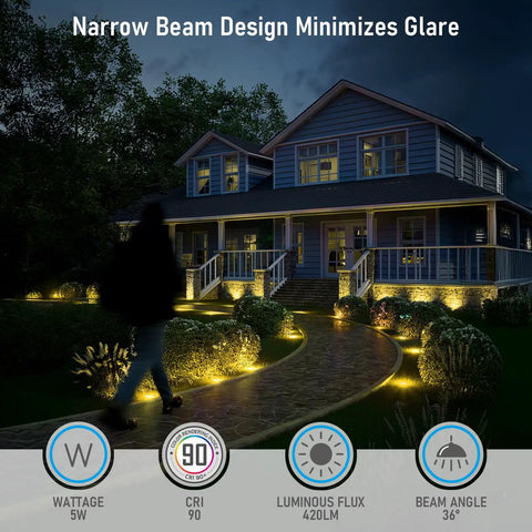 In Ground Well Lights Kit 4 Inch Flat Top, 5 Color Temperature Selectable lighting a pathway and house at night.