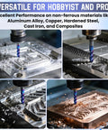 Carbide Square End Mill With Nano Blue Coating One Quarter Inch Shank 3 Flute CNC Milling Bit Set For Aluminum Copper Magnesium Alloys And Composite Materials HRC 60 Pro Grade Durable 2 Pack in use on metal and composite materials showing precision cuts.