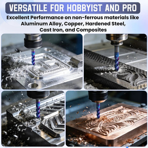 Carbide Square End Mill With Nano Blue Coating One Quarter Inch Shank 3 Flute CNC Milling Bit Set For Aluminum Copper Magnesium Alloys And Composite Materials HRC 60 Pro Grade Durable 2 Pack in use on metal and composite materials showing precision cuts.