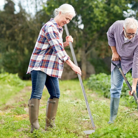 Elderly couple using Japanese Weeding Sickle Hoe With Adjustable Long Handle For Standing Weeding Angular Sickle Garden Tool in field