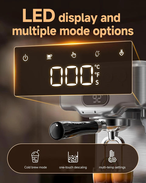 LED display of Pro Barista 15 Bar Espresso Machine With Precision 58 Millimeter Portafilter showing temperature settings and mode options.