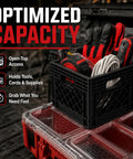Packout Compatible Modular Tool Storage Crate For Rugged Job Sites, Heavy Duty Black Bin storing tools and cords on truck bed