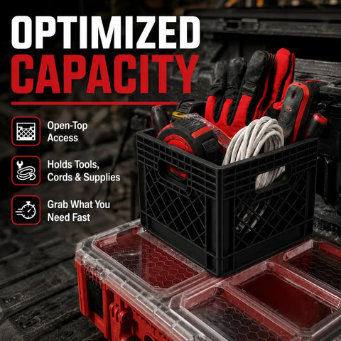 Packout Compatible Modular Tool Storage Crate For Rugged Job Sites, Heavy Duty Black Bin storing tools and cords on truck bed
