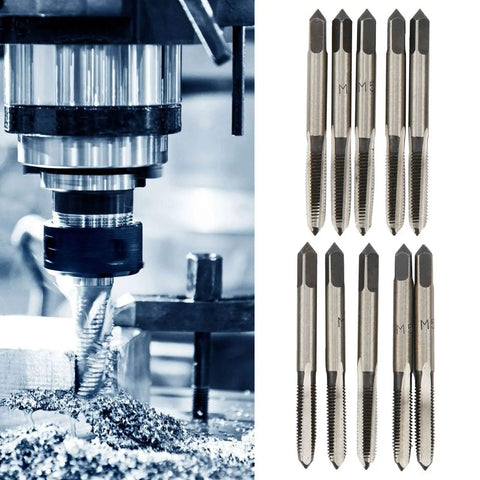 M5 Tap Drill Straight Flute Carbon Steel Manual Heavy Duty Tool For Thread Cutting In Metalworking And Automotive DIY Industrial Grade Hand Tool For Metric Threads Wood Plastic Aluminum, shown in use and set