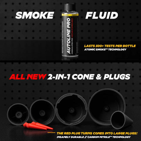 AutoLine Pro smoke fluid bottle with 2-in-1 cone plugs and assorted adapters for automotive testing