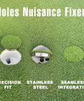 Backyard Golf Putting Green Hole Cup Set With Metal Base Four Piece Practice Kit showing stainless steel cup cover on green turf