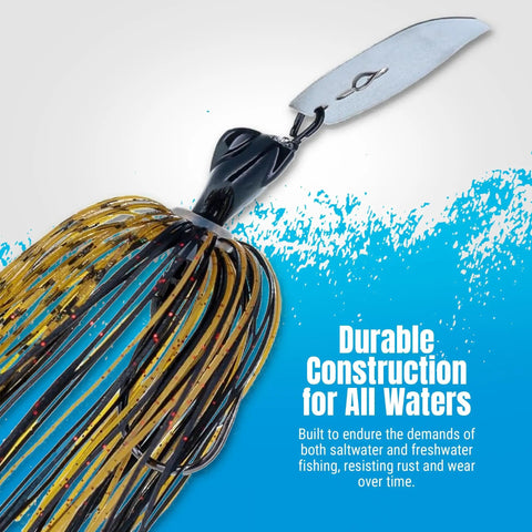 Close-up of Weedless Bass Jig With Bladed Vibration Tech For Pike Walleye Muskie Six Color Lures Set, three-eighths of an ounce.