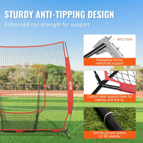 7x7 Ft Baseball And Softball Practice Net Portable Training Net with anti-tipping design and fiberglass rods in a field setting