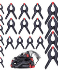 20-Pack Nylon Plastic Spring Clamps Four Sizes With String Bag Organizer displayed with various clamp sizes and organizer bag.