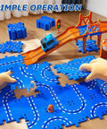 Fun-Filled 96 Piece Puzzle Track Car Set With 4 Tier Race Tracks for Kids featuring blue track pieces and cars on a wooden floor.