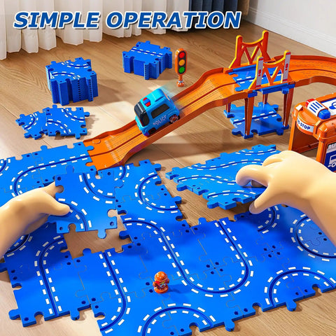 Fun-Filled 96 Piece Puzzle Track Car Set With 4 Tier Race Tracks for Kids featuring blue track pieces and cars on a wooden floor.