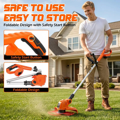 Man using Electric Cordless Weed Wacker Trimmer With 9000RPM Cutting Head Battery Powered Lawn Edger in front yard