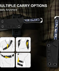 Whiskey Jack Fixed Blade Knife 2.06 Inch Drop Point AEB L Blade Steel in Kydex sheath on belt with multiple carry options diagram.