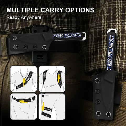 Whiskey Jack Fixed Blade Knife 2.06 Inch Drop Point AEB L Blade Steel in Kydex sheath on belt with multiple carry options diagram.