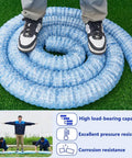 Person standing on 4 Inch Corrugated PVC Drain Pipe With Soft Infiltration For French Drain And Yard Drainage System Ideal For Gardens And Lawns, Flexible Permeable Pipe With Debris Filtering, Easy Install, Available In Lengths From 1 To 40 Meters coiled on grass.