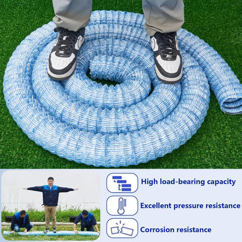 Person standing on 4 Inch Corrugated PVC Drain Pipe With Soft Infiltration For French Drain And Yard Drainage System Ideal For Gardens And Lawns, Flexible Permeable Pipe With Debris Filtering, Easy Install, Available In Lengths From 1 To 40 Meters coiled on grass.