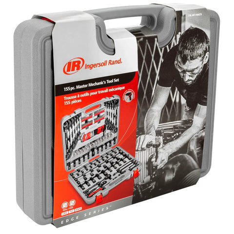Edge 155 Piece Master Mechanic's Tool Set with 72-Tooth Sealed Head Ratchet case and mechanic working on engine