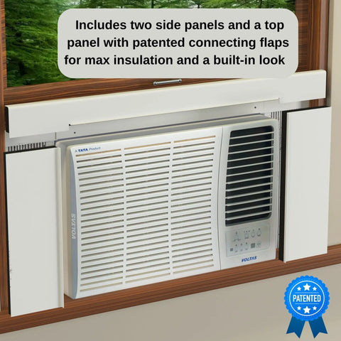 White Vinyl Foam Side Panels For Window AC Units Custom Trim To Fit, installed on an indoor unit for insulation.