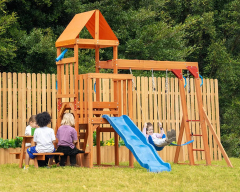 Cedar Wooden Swing Set For Backyard With Monkey Bars, 2-In-1 Outdoor Table, 6-Foot Wave Slide, Telescope Fort, Belt Swings