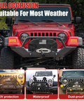 Heavy Duty Winch Cover With American Flag Design Waterproof Dustproof Protection For Universal Fit On 8K To 13500 Lb Electric Pulling Machines Gear Outdoor Truck Jeep Accessories mounted on a red Jeep.