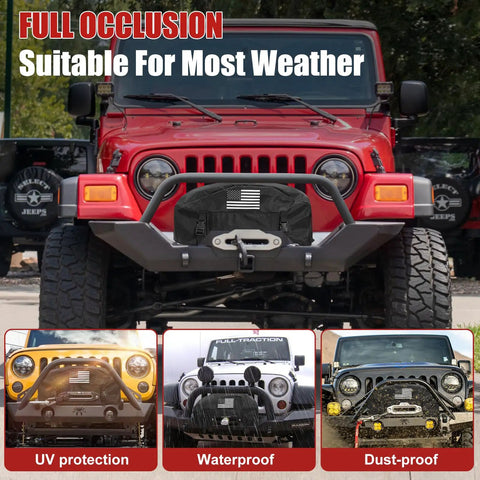 Heavy Duty Winch Cover With American Flag Design Waterproof Dustproof Protection For Universal Fit On 8K To 13500 Lb Electric Pulling Machines Gear Outdoor Truck Jeep Accessories mounted on a red Jeep.