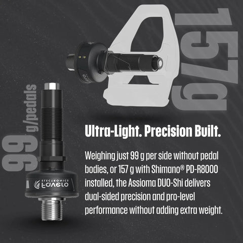 Assioma Duo-Shi IP67 Dual-Sided Power Meter Pedals with ultra-light design, shown with pedal body and weight details.
