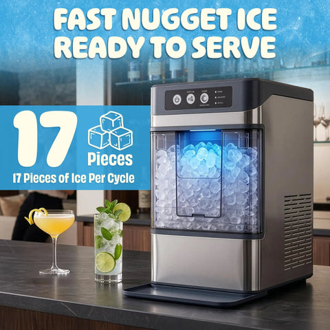Countertop Nugget Ice Maker Delivering Dang Good Soft Chewable Ice That Chills Your Drinks Fast, showing 17 pieces of nugget ice.
