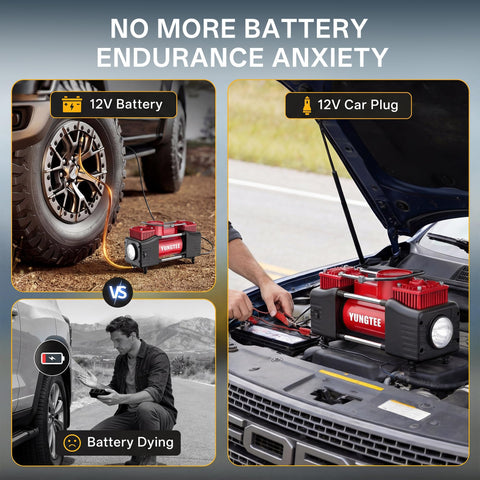 Beefy 12V Double Cylinder Tire Inflator with Direct Drive Portable Air Compressor Pump in use by car and SUV engine