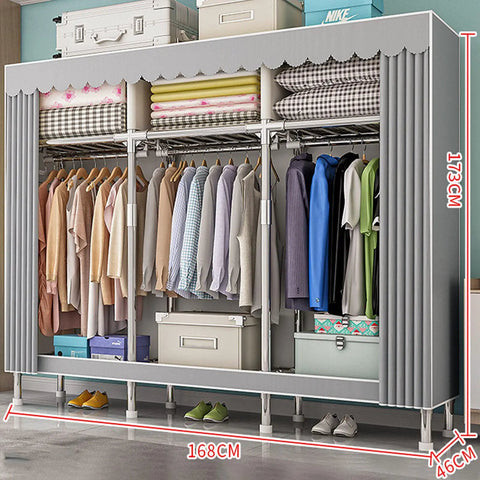 Heavy Duty Canvas Wardrobe Closet, Steel Frame, Long Hanging Bar & Storage Shelves, Portable Fabric Clothes Organizer for Bedroom, Dorm & Apartment