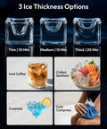 Three ice thickness options shown with iced coffee, chilled seafood, cocktails, and cold compress related to Straight Up Solid Commercial Ice Maker Makes 120 Lbs Daily Under Counter Design.