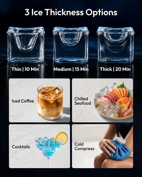 Three ice thickness options shown with iced coffee, chilled seafood, cocktails, and cold compress related to Straight Up Solid Commercial Ice Maker Makes 120 Lbs Daily Under Counter Design.