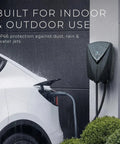 Level 2 EV Charger With NACS For Tesla, 48 Amp 240V Hardwired Station in outdoor use, charging a white Tesla