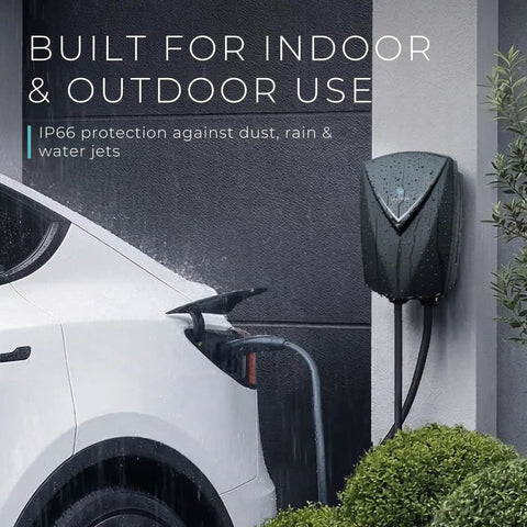 Level 2 EV Charger With NACS For Tesla, 48 Amp 240V Hardwired Station in outdoor use, charging a white Tesla