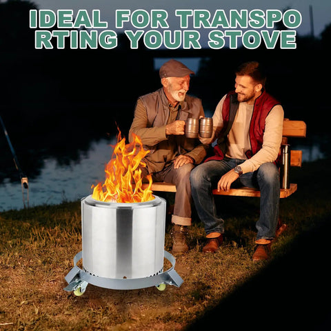 Built Like A Tank 30 Gallon Drum Dolly With 400 Pound Capacity And Rock Solid Anti Tip Frame Featuring Ultra Smooth Swivel Casters For Hassle Free Warehouse Moves, shown with flames.