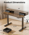 Realbear 48 By 24 Inch Electric Standing Desk With Two Convenient Drawers and dimensions displayed beside a black drawer.