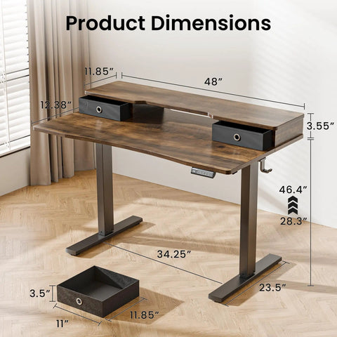 Realbear 48 By 24 Inch Electric Standing Desk With Two Convenient Drawers and dimensions displayed beside a black drawer.