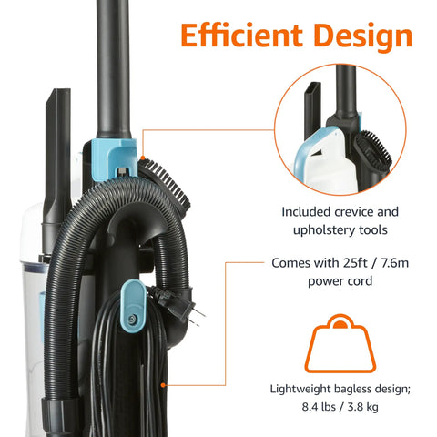 Amazon Basics Light Upright Vacuum Cleaner With 25 Ft Cord, Lightweight Design For Easy Maneuvering On Carpet And Hardwood Floors. Includes Washable Filter, Crevice Tool, Upholstery Brush, Detachable Handle, And 1.7L Dust Cup For Simple, Quick Home
