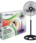 High Velocity 18 Inch Oscillating Pedestal Floor Fan With Adjustable Height And 3 Speed Levels For Powerful Airflow next to box