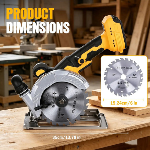 Heavy Hitter 6 Inch Cordless Circular Saw Featuring Brushless Motor 20 Volt Battery Compatible with 6 inch blade dimensions shown