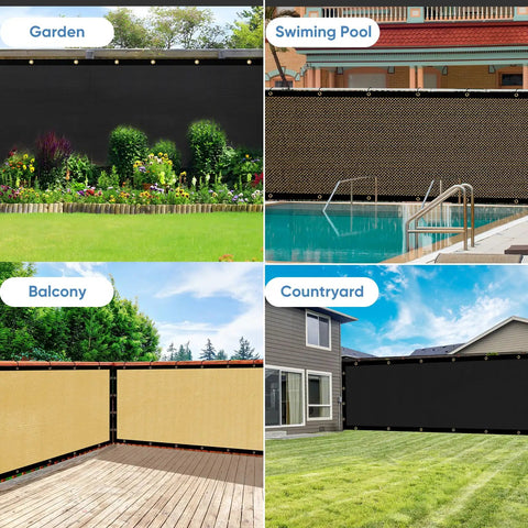 Collage of 6 Foot By 50 Foot Privacy Screen Fence Heavy Duty Windscreen 220 GSM HDPE With 98 Percent Coverage Black in various outdoor settings