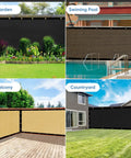 Collage featuring Privacy Fence Screen 5 Ft By 50 Ft Heavy Duty 220 GSM HDPE Windscreen in garden, pool, balcony, countryside settings.
