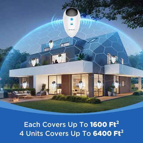 Upgraded 2026 Ultrasonic Pest Repeller Pack Of 4 For Indoor Use shown on a house with coverage area depicted.