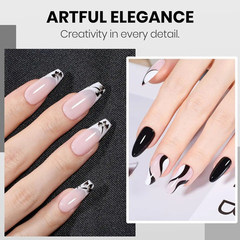 Two-Color Black White Gel Nail Polish Kit HEMA-Free Soak Off UV Gel Set designs with artful elegance and creativity detail.