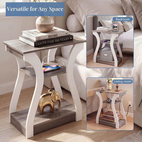Two Piece End Table With Built In Charging Station For Your Couch And Bedside Modern Curved Nightstand Set Of Two Two AC Outlets USB Port Type C Port About Five Foot Power Cord Three Tier Open Storage, off-white wood