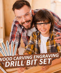 Father and son using wood carving and engraving drill bit set in workshop, promotional text overlay.