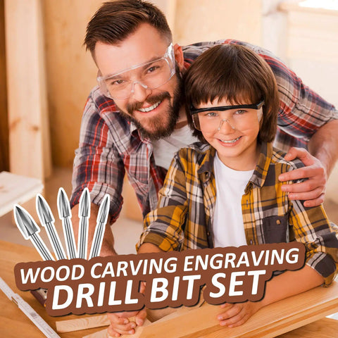 Father and son using wood carving and engraving drill bit set in workshop, promotional text overlay.