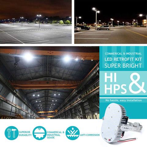 120W LED Retrofit Kit Replaces 700W MH HPS, 14400 Lumens, 5000K Cool White, 100-277V, DLC ETL Listed, with night and industrial views